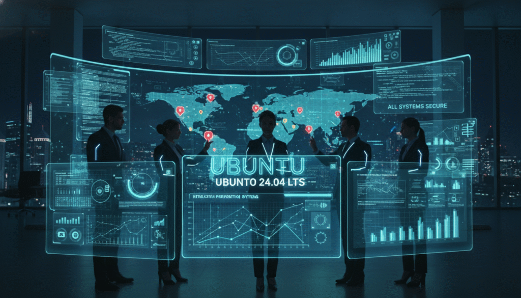 A futuristic cybersecurity command center, focusing on the concept of security hardening. In the foreground, a diverse group of professionals in smart business attire collaboratively analyzing security protocols on sleek holographic displays, showcasing graphs and network diagrams. In the middle, a large digital wall screen displays security alerts and system health status while advanced security software interfaces float above their heads. The background reveals a modern office space fitted with glass walls and dim, ambient lighting, enhancing the high-tech atmosphere. Soft blue and green hues illuminate the scene, conveying a sense of vigilance and safety. The angle captures the dynamic collaboration, projecting both urgency and confidence in securing Ubuntu 24.04 LTS systems.