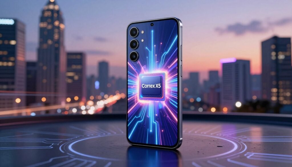 A futuristic depiction of the Samsung Galaxy S28, showcasing its sleek design and advanced features, positioned prominently in the foreground. The smartphone is shown with a vibrant, glowing screen, displaying intricate graphics that highlight its cutting-edge performance capabilities, particularly the Arm Cortex X5 chip. In the middle ground, a dynamic digital landscape reflects high-tech elements like circuit patterns and abstract representations of speed and efficiency. The background features a city skyline at dusk, illuminated by soft neon lights, suggesting a bright future in mobile technology. The atmosphere is energetic yet sophisticated, captured under dramatic, focused lighting to enhance the device's modern aesthetic. The image is composed to evoke excitement and innovation, making it perfect for illustrating the potential of the Galaxy S28 and future smartphones. A futuristic depiction of the Samsung Galaxy S28, showcasing its sleek design and advanced features, positioned prominently in the foreground. The smartphone is shown with a vibrant, glowing screen, displaying intricate graphics that highlight its cutting-edge performance capabilities, particularly the Arm Cortex X5 chip. In the middle ground, a dynamic digital landscape reflects high-tech elements like circuit patterns and abstract representations of speed and efficiency. The background features a city skyline at dusk, illuminated by soft neon lights, suggesting a bright future in mobile technology. The atmosphere is energetic yet sophisticated, captured under dramatic, focused lighting to enhance the device's modern aesthetic. The image is composed to evoke excitement and innovation, making it perfect for illustrating the potential of the Galaxy S28 and future smartphones.