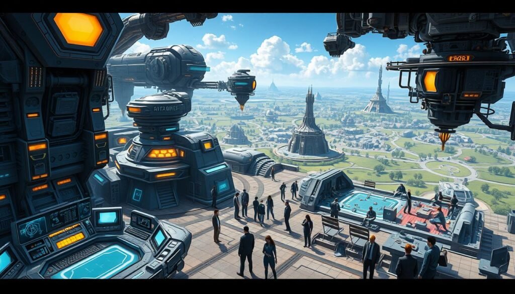 A futuristic, detailed base-building environment inspired by the unique system from Arknights Endfield, showcasing a variety of interconnected structures and facilities. In the foreground, feature a high-tech command center with glowing consoles and holographic displays, hinting at advanced artificial intelligence control. In the middle ground, present gathering spots for operators, including resource management zones and recreational areas, bustling with animated, diverse characters in professional attire. The background should display a sprawling landscape of futuristic architecture and green spaces, under a bright, blue sky. Use dramatic lighting to emphasize depth, adding a sense of innovation and community. The overall mood is one of excitement and anticipation, encapsulating a vibrant, thriving environment where strategy meets technology.