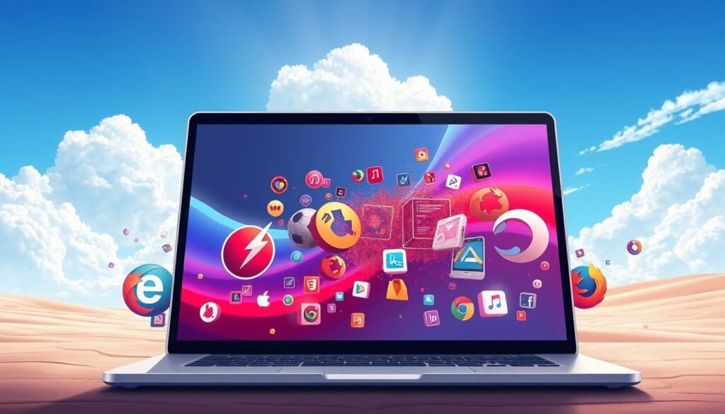 A futuristic digital landscape showcasing the evolution of web browsers, featuring an array of iconic browser symbols from the past, like Flash Player, being replaced by modern alternatives. In the foreground, a sleek laptop displays a vibrant, dynamic web interface with smooth animations representing current technologies. The middle ground contains abstract representations of outdated browser UI elements dissolving into pixels, symbolizing their obsolescence. The background features a bright, blue sky filled with fluffy clouds, signifying a new era for the web. Soft sunlight filters through, creating a warm and optimistic atmosphere. The composition is shot from a slightly elevated angle, giving a sense of progress and transition, while maintaining a clean and professional aesthetic. A futuristic digital landscape showcasing the evolution of web browsers, featuring an array of iconic browser symbols from the past, like Flash Player, being replaced by modern alternatives. In the foreground, a sleek laptop displays a vibrant, dynamic web interface with smooth animations representing current technologies. The middle ground contains abstract representations of outdated browser UI elements dissolving into pixels, symbolizing their obsolescence. The background features a bright, blue sky filled with fluffy clouds, signifying a new era for the web. Soft sunlight filters through, creating a warm and optimistic atmosphere. The composition is shot from a slightly elevated angle, giving a sense of progress and transition, while maintaining a clean and professional aesthetic.