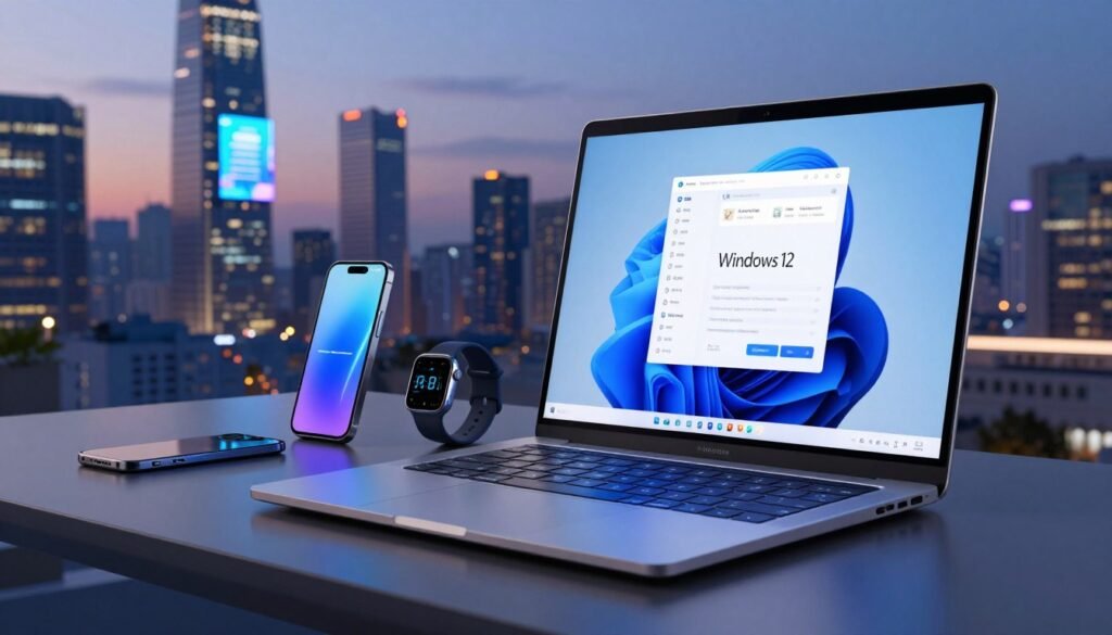 A futuristic digital workspace showcasing a sleek, modern computer setup displaying a vibrant Windows 12 interface. The foreground features a stylish laptop with a partially open lid, glowing in soft blue light. In the middle, various tech gadgets like a smartphone and a smartwatch are arranged neatly alongside the laptop, emphasizing innovation. The background includes a cityscape at dusk, with skyscrapers adorned with digital billboards projecting abstract concepts of technology and software updates. Soft ambient lighting enhances the atmosphere, creating a sense of anticipation and curiosity. The mood is contemplative yet energetic, reflecting excitement over rumored features of Windows 12 and the possibilities of its release.
