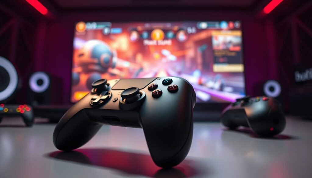 A futuristic gaming controller displayed prominently in the foreground, showcasing sleek curves and cutting-edge features like customizable buttons and LED lights. The controller is designed with a blend of matte and glossy finishes, emphasizing its ergonomic shape. In the middle ground, blurred console components hint at the gaming experience, while a vibrant game interface subtly overlays the backdrop, filled with action and dynamic animations. Soft, ambient lighting creates a high-tech atmosphere, enhancing the controller's details. The angle captures the controller from a slightly elevated perspective, focusing on its design. The overall mood is exciting and innovative, representing the evolution of gaming technology and user experience.