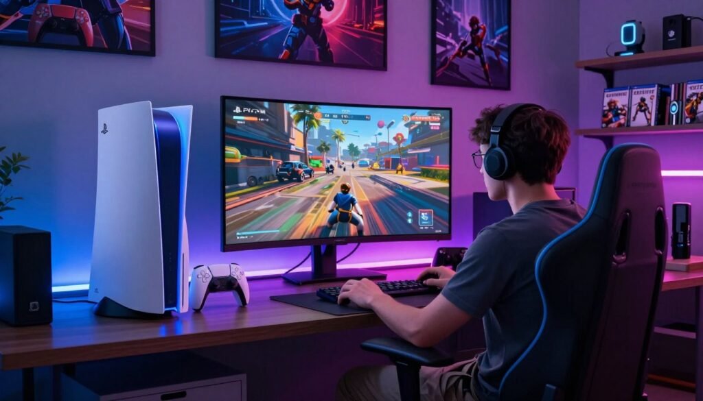 A futuristic gaming room featuring a PlayStation 5 console, with its sleek design and glowing blue accents. In the foreground, a gamer in casual attire sits on a stylish gaming chair, intensely focused on the action on a large, curved screen displaying a vibrant game world. In the middle ground, various hidden features of the PS5 are subtly highlighted, like the enhanced controller and dynamic interface, illuminated by soft, ambient lighting that gives a high-tech vibe. The background bursts with neon colors and console accessories, creating a vibrant, immersive atmosphere. The setting is detailed with gaming posters and shelves filled with games, enhancing the excitement and engaging mood. The scene captures the essence of discovering new features post-update.