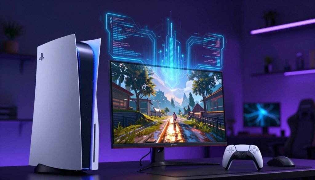 A futuristic gaming scene showcasing the PS5 Pro, emphasizing the revolutionary technologies of ray tracing and machine learning. In the foreground, the console with sleek design elements, illuminated by vibrant LED lights. Below, a highly detailed gaming setup featuring a high-resolution 4K display, displaying a realistic in-game landscape with ray-traced reflections glistening on surfaces. In the middle ground, a digital representation of machine learning algorithms visualized as sleek, flowing lines of code and data streams, blending seamlessly into the environment. The background features a modern gaming room with dim ambient lighting, enhancing the high-tech atmosphere. A cool color palette of blues and purples conveys a sense of innovation and excitement, compelling the viewer to feel a connection with cutting-edge gaming technology.