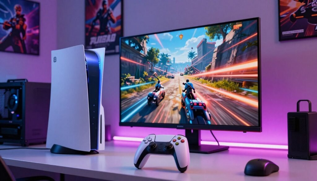 A futuristic gaming setup featuring a high-end console with a sleek design, prominently displaying a vibrant game scene rendered in 4K resolution with ray tracing effects. In the foreground, a detailed gaming controller rests on a stylish surface, illuminated by soft ambient lighting. The middle ground showcases a television screen displaying a stunning landscape from an action-packed game, highlighting realistic reflections and shadows created by ray tracing technology. In the background, a cozy but modern gaming room is adorned with LED lights and gaming posters, contributing to an immersive atmosphere. The overall mood is energetic and inspirational, conveying the excitement of advanced gaming technology at play. The scene is brightly lit, evoking a sense of wonder and innovation in the realm of gaming.