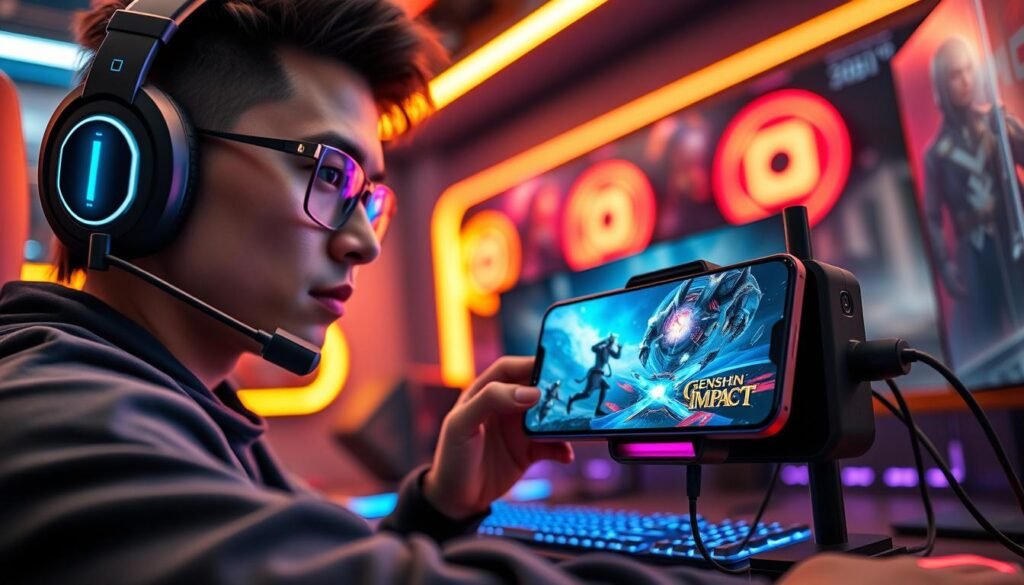 A futuristic gaming setup prominently featuring a sleek, high-end smartphone charging rapidly with an advanced fast charging station. In the foreground, a gamer with focused expression, wearing a stylish gaming headset and casual attire, is engrossed in gameplay on the phone, showcasing a vibrant scene from Genshin Impact on the screen. The middle background reveals glowing LED lights in a modern gaming room, complemented by high-technology gaming accessories like a mechanical keyboard and RGB lighting effects. The atmosphere is energetic and immersive, highlighted by dramatic lighting that emphasizes the tech features. Use a shallow depth of field to bring attention to the charging phone while softly blurring the background. Capture this scene from a slightly elevated angle to enhance the dynamic feel.
