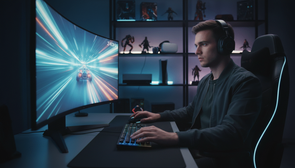 A futuristic gaming setup showcasing a high-resolution monitor with a vibrant display, emphasizing its refresh rate. In the foreground, the sleek monitor features a dynamic, colorful game scene, illustrating fast motion and fluidity. In the middle ground, a professional gamer, dressed in a smart casual outfit, is intensely focused on the screen, hands on a high-tech gaming keyboard and mouse. The room is dimly lit with ambient RGB lighting creating a captivating atmosphere, highlighting the monitor’s brilliance. In the background, shelves with gaming accessories and a modern gaming chair are subtly displayed. The overall mood is one of excitement and concentration, perfect for illustrating an immersive gaming experience. Use a sharp lens to capture clear details, focusing on the monitor’s display and the player’s expression.