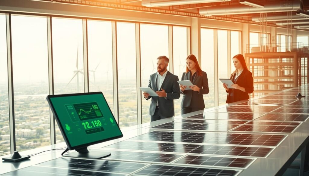 A futuristic industrial technology scene illustrating the trend towards net zero emissions. In the foreground, sleek, modern computer devices powered by solar panels are displayed on a high-tech workstation. In the middle ground, engineers in professional business attire collaborate, analyzing data on digital tablets that showcase eco-friendly metrics. The background features large windows revealing a sprawling landscape filled with wind turbines and green rooftops, symbolizing renewable energy. Soft, natural lighting streams in, creating a bright and optimistic atmosphere. The image captures a sense of innovation, responsibility, and a collective effort towards sustainable technology. Shot with a wide-angle lens to emphasize the expansive, clean environment.