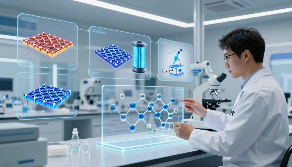 A futuristic laboratory interior showcasing various applications of graphene across different fields. In the foreground, a scientist in a lab coat examines a transparent display of graphene's molecular structure, with a backdrop of advanced technology like flexible screens and graphene-based electronics. In the middle, there are illustrations of graphene being used in construction materials, energy storage devices, and medical instruments, all seamlessly integrated into the environment. The background features a sleek, modern aesthetic with bright, diffused lighting creating a clean, professional atmosphere. The scene feels innovative and inspiring, highlighting the potential of graphene in everyday life.