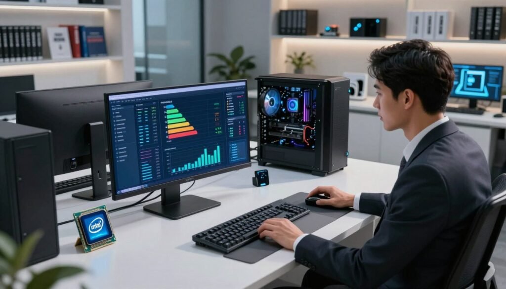 A futuristic office environment featuring a sleek, modern workstation with an Intel Arrow Lake processor prominently displayed. In the foreground, a professional-looking individual in business attire is analyzing a complex chart on a digital screen that highlights power efficiency metrics. The middle ground showcases a stylish desktop setup with cutting-edge hardware components, emphasizing the implications of transitioning to next-gen technology. The background includes shelves filled with technical manuals and next-gen components, creating an atmosphere of innovation. Soft, ambient lighting enhances the tech-oriented mood, while a slight fisheye effect adds depth to the scene. The overall tone should feel inspiring and forward-thinking, capturing the essence of technological advancement and its impact on users.