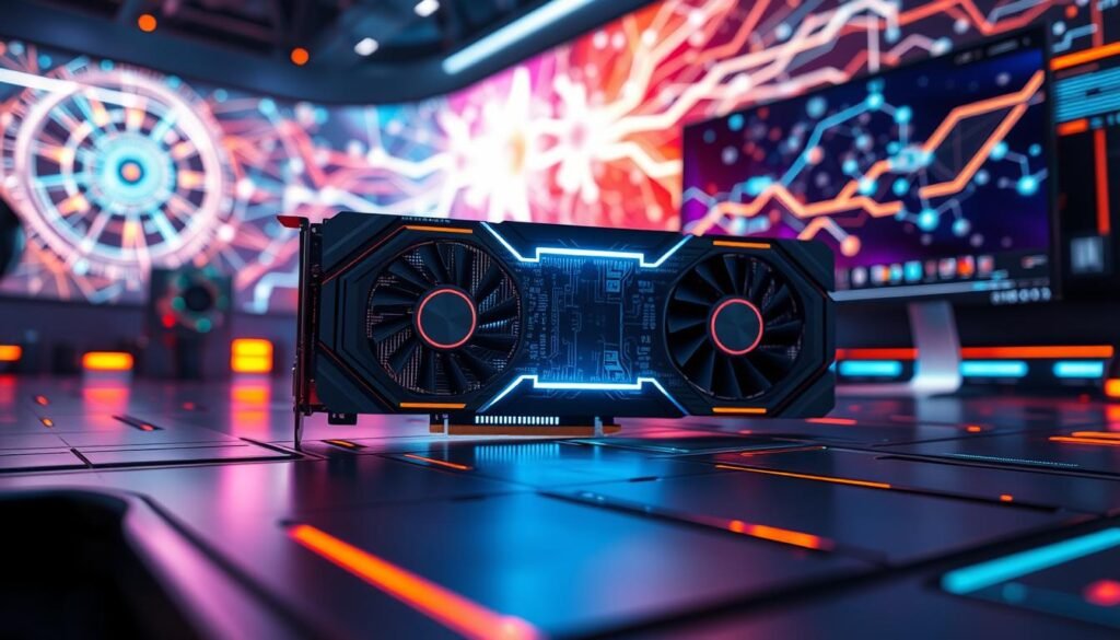 A futuristic scene depicting the concepts of Ray Tracing and Machine Learning in a vibrant, tech-savvy environment. In the foreground, a powerful GPU with intricate circuit designs is illuminated by a soft, bluish glow, showcasing its advanced technology. The middle ground features a high-resolution digital display, demonstrating stunning 4K visuals rendered with ray tracing, creating realistic reflections and shadows. In the background, abstract visuals of neural networks and data streams intertwine, symbolizing the connection between machine learning and graphics rendering. The atmosphere is electric, infused with innovation and excitement, with dynamic lighting highlighting the sleek surfaces of the GPU and displays. The image should have a sharp focus and an angled perspective that draws the viewer in, emphasizing the power and capabilities of this revolutionary technology.