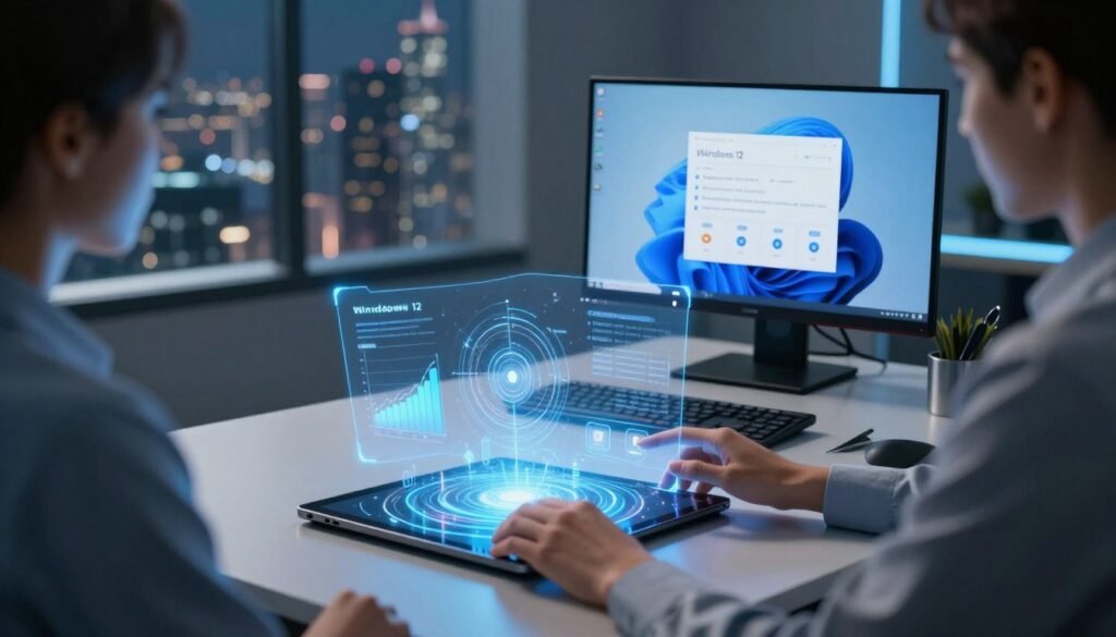 A futuristic scene showcasing the integration of AI technology and intelligent search features in Windows. In the foreground, a professional user interacts with a sleek, holographic interface emanating from a digital device, with graphs and AI algorithms visualized. The middle ground features a modern workspace, complete with a stylish desk and a high-resolution display showing Windows 12, highlighting new features. In the background, a softly lit cityscape is visible through a large window, symbolizing innovation. The overall mood is dynamic and tech-savvy, accented by cool blue and silver tones, with ambient lighting to enhance a sense of futuristic optimism. The image captures the essence of advanced tech exploration, with no text or distractions.