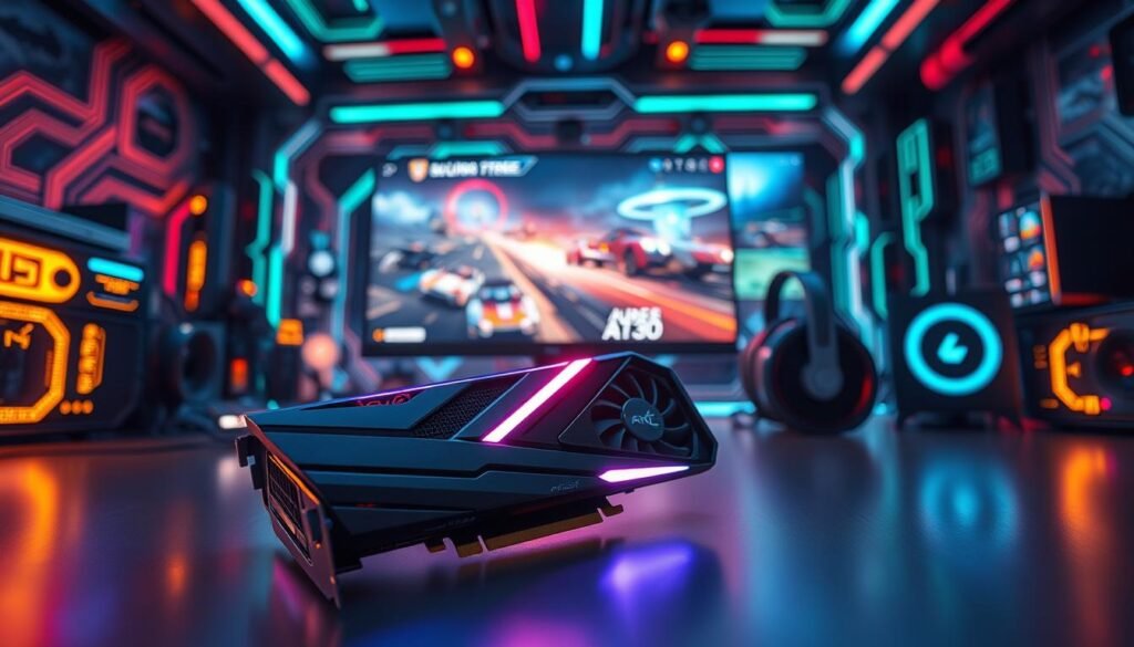 A futuristic scene showcasing the latest graphics card technology, focusing on the Arc A580. In the foreground, prominently display the sleek and modern design of the graphics card, with intricate details like LED lighting and a polished metallic finish. The middle ground features a dynamic arrangement of various gaming elements, including a high-resolution monitor displaying vibrant game graphics, showcasing ray-tracing effects. The background should depict a tech-savvy gaming setup with glowing peripherals, circuit patterns, and ambient lighting that radiates a cutting-edge atmosphere. Use soft lighting to enhance the glossy textures and reflections on the graphics card. Capture the scene from a slightly elevated angle to provide depth and dimension, giving viewers an immersive look into the future of gaming technology.