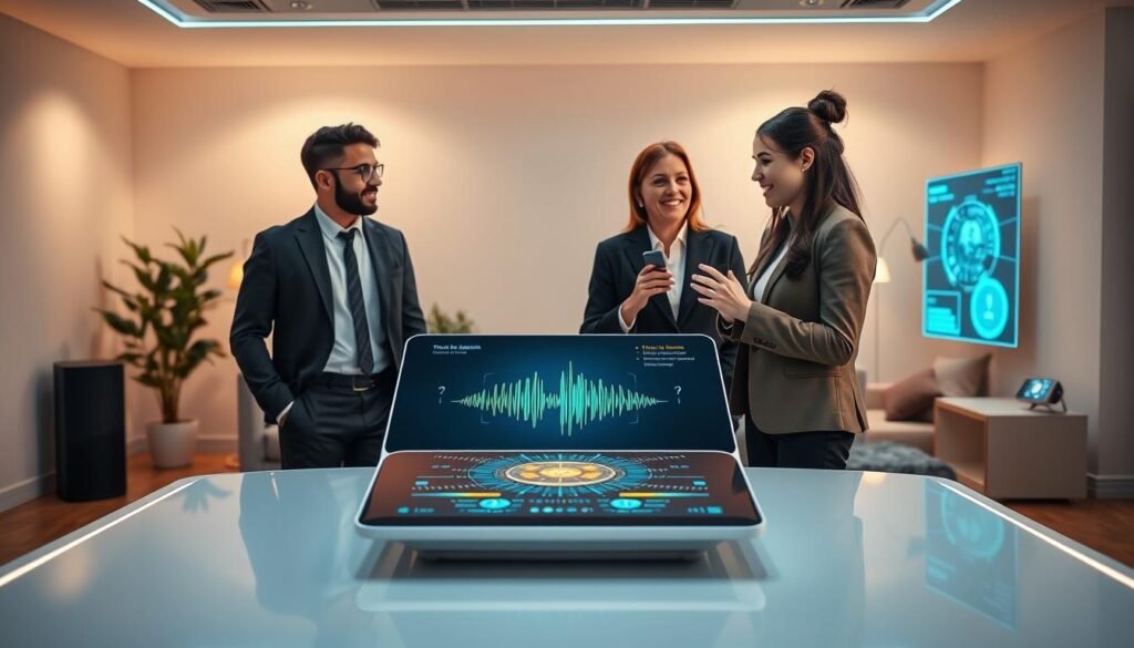 A futuristic voice assistant interface displayed on a sleek, modern desk, featuring an elegant digital screen showcasing vibrant visualizations of sound waves and user interactions. In the foreground, a diverse group of three people dressed in professional business attire are engaged in a conversation, with one person actively using the voice assistant, their expressions conveying curiosity and engagement. In the middle ground, a streamlined workspace with advanced technology elements, such as smart speakers and holographic displays, enhances the atmosphere of innovation. The background features a cozy, well-lit room with soft, ambient lighting, creating a warm and inviting mood. The focus is on the interplay between humans and technology, capturing the essence of companionship and support offered by voice assistants in 2025.