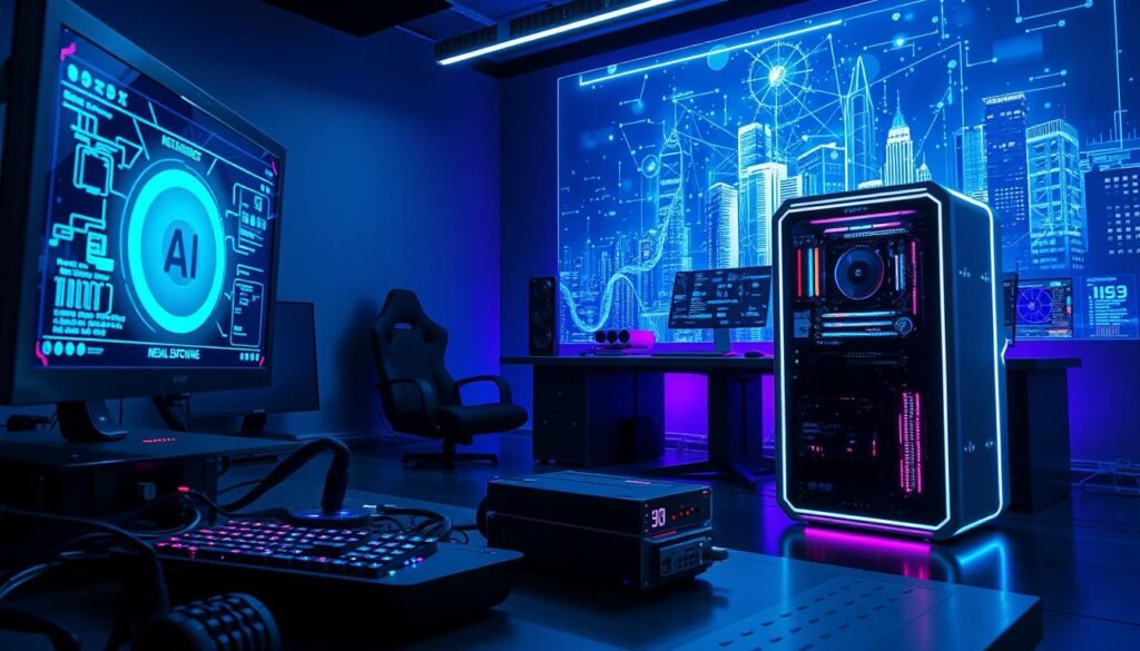 A futuristic workspace showcasing the performance of neural engine AI. In the foreground, a sleek, high-tech computer with glowing circuits and a digital interface displaying complex algorithms and data streams. The middle ground features a modern desk with high-end GPUs and computer components, illuminated by cool blue and purple LED lights, representing advanced technology. The background displays a vibrant holographic projection of neural networks and AI insights, with a subtle digital city skyline to indicate growth and innovation. The atmosphere is cutting-edge and dynamic, with soft shadows and a focus on clarity and precision, captured with a wide-angle lens to enhance the sense of depth. A futuristic workspace showcasing the performance of neural engine AI. In the foreground, a sleek, high-tech computer with glowing circuits and a digital interface displaying complex algorithms and data streams. The middle ground features a modern desk with high-end GPUs and computer components, illuminated by cool blue and purple LED lights, representing advanced technology. The background displays a vibrant holographic projection of neural networks and AI insights, with a subtle digital city skyline to indicate growth and innovation. The atmosphere is cutting-edge and dynamic, with soft shadows and a focus on clarity and precision, captured with a wide-angle lens to enhance the sense of depth.