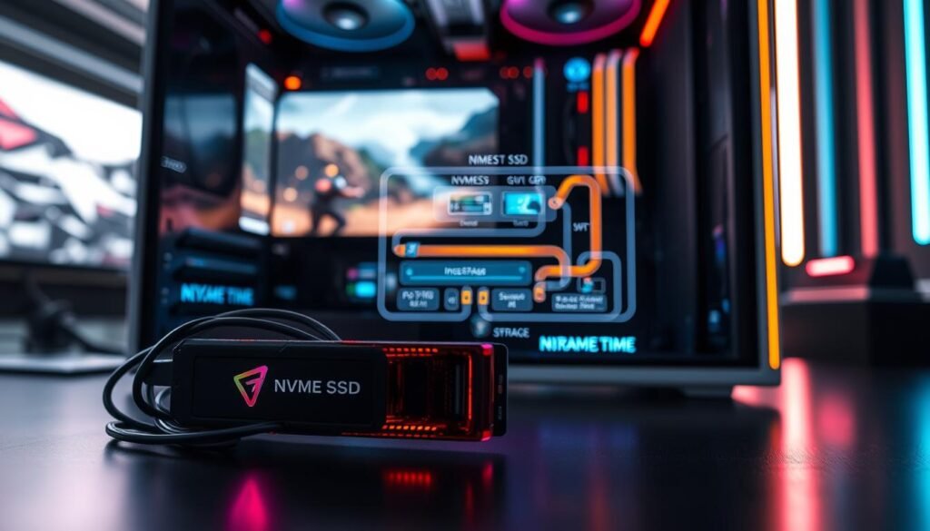 A futuristic workstation displaying the inner workings of DirectStorage technology in Windows 11, emphasizing the high-speed NVMe GPU connection. In the foreground, a sleek, modern desktop setup features a glowing NVMe SSD prominently, wires flowing elegantly. The middle layer showcases a detailed diagram or flowchart illustrating the data transfer process from the storage to the GPU, highlighted with vibrant neon colors. The background includes a blurred image of a gaming environment, suggesting fast loading times and enhanced performance, with ambient neon lighting creating a high-tech atmosphere. The scene is captured from a slightly elevated angle, with dramatic lighting casting shadows that enhance the technical elements, conveying a sense of innovation and excitement. The overall mood is dynamic and forward-looking, perfect for illustrating advanced technology.