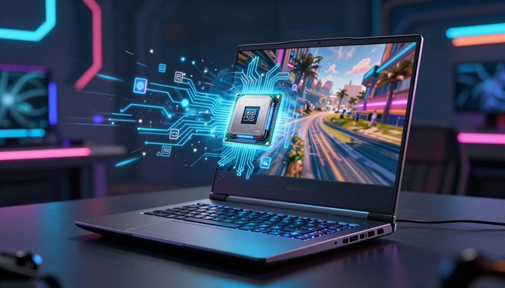 A high-end gaming laptop with a sleek design sits prominently in the foreground, showcasing a glowing keyboard and intricate ventilation systems. The laptop's screen displays a vibrant game scene, capturing high-resolution graphics that emphasize the latest gaming technology. In the middle, there is a dynamic visual representation of a powerful processor, with digital elements like circuits and data streams radiating from it, symbolizing speed and performance. The background features a blurred, futuristic gaming environment filled with colorful LED lights and abstract shapes, creating an immersive atmosphere. Soft, cool lighting highlights the laptop while casting dramatic shadows, enhancing the techy vibe. The overall mood is energetic and forward-looking, representing cutting-edge gaming technology. A high-end gaming laptop with a sleek design sits prominently in the foreground, showcasing a glowing keyboard and intricate ventilation systems. The laptop's screen displays a vibrant game scene, capturing high-resolution graphics that emphasize the latest gaming technology. In the middle, there is a dynamic visual representation of a powerful processor, with digital elements like circuits and data streams radiating from it, symbolizing speed and performance. The background features a blurred, futuristic gaming environment filled with colorful LED lights and abstract shapes, creating an immersive atmosphere. Soft, cool lighting highlights the laptop while casting dramatic shadows, enhancing the techy vibe. The overall mood is energetic and forward-looking, representing cutting-edge gaming technology.