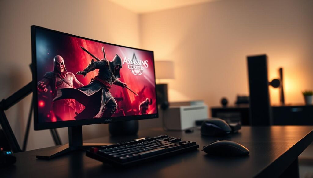 A high-performance PC setup showcasing the game "Assassin's Creed Shadows." In the foreground, a sleek, modern gaming monitor displaying an action-packed scene from the game, with vibrant colors and intricate details reflecting the game's graphics. The middle ground features a stylish gaming desk with high-end peripherals like a mechanical keyboard and a gaming mouse. In the background, soft ambient lighting casts a warm glow on a minimalist room, accentuating the high-tech atmosphere. The image captures a mood of intense focus and excitement, with a cinematic angle that highlights the immersive experience of gaming on a PC. Soft shadows create depth, enhancing the visual richness of the setup. A high-performance PC setup showcasing the game "Assassin's Creed Shadows." In the foreground, a sleek, modern gaming monitor displaying an action-packed scene from the game, with vibrant colors and intricate details reflecting the game's graphics. The middle ground features a stylish gaming desk with high-end peripherals like a mechanical keyboard and a gaming mouse. In the background, soft ambient lighting casts a warm glow on a minimalist room, accentuating the high-tech atmosphere. The image captures a mood of intense focus and excitement, with a cinematic angle that highlights the immersive experience of gaming on a PC. Soft shadows create depth, enhancing the visual richness of the setup.