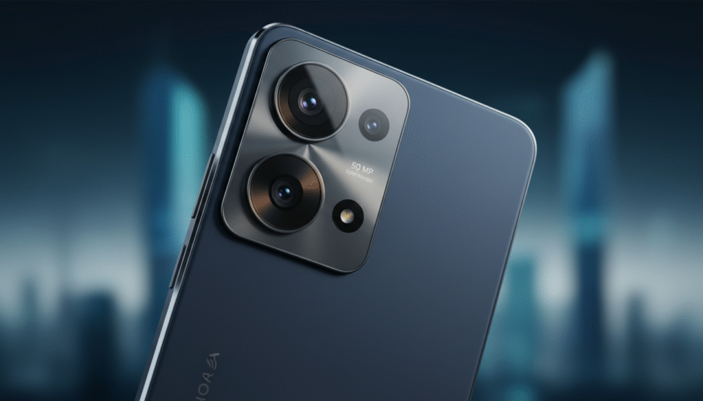 A high-quality close-up image of a smartphone showcasing its rear camera setup, prominently featuring a 50 MP Sony IMX882 lens and an 8 MP ultra-wide lens. The phone should be positioned at an angle that highlights the dual lenses and camera housing, with soft natural lighting creating subtle reflections on the glass. The background should be a blurred, soft-focus gradient, emphasizing a modern and tech-savvy atmosphere. Include a sleek, minimalistic design for the smartphone, with metallic accents and a matte finish. The mood should be polished and professional, ideal for a tech review, capturing the excitement of innovative smartphone photography in Indonesia. A high-quality close-up image of a smartphone showcasing its rear camera setup, prominently featuring a 50 MP Sony IMX882 lens and an 8 MP ultra-wide lens. The phone should be positioned at an angle that highlights the dual lenses and camera housing, with soft natural lighting creating subtle reflections on the glass. The background should be a blurred, soft-focus gradient, emphasizing a modern and tech-savvy atmosphere. Include a sleek, minimalistic design for the smartphone, with metallic accents and a matte finish. The mood should be polished and professional, ideal for a tech review, capturing the excitement of innovative smartphone photography in Indonesia.