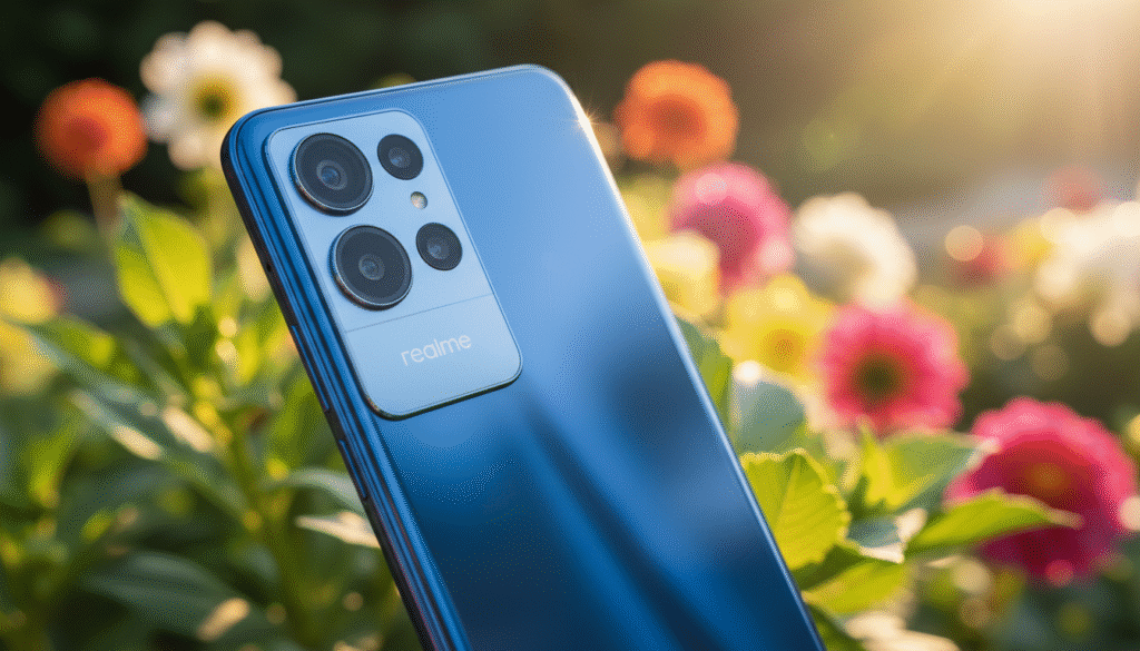 A high-quality close-up image of the realme 15 Pro smartphone showcasing its rear camera system. The foreground highlights the sleek design of the device with a glimmering metallic finish and a prominent camera module featuring multiple lenses, including the main camera and ultra-wide. The middle ground reveals a vibrant outdoor setting, with softly blurred greenery to emphasize the phone. The background includes a bokeh of colorful flowers, creating a lively atmosphere. The lighting is warm and bright, simulating natural sunlight to accentuate the phone’s features and colors. The image captures a dynamic angle slightly tilted to reflect a modern, tech-savvy vibe, geared towards photography enthusiasts. The overall mood is fresh, innovative, and inviting, emphasizing the phone's photographic capabilities.
