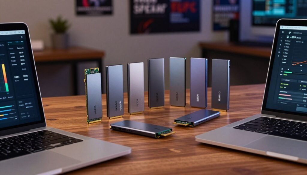 A high-quality comparison of the best portable SSDs, prominently featuring multiple sleek 8TB M.2 NVMe drives arranged on a polished wooden desk. In the foreground, a modern laptop is open, displaying a performance graph and download speeds, creating a tech-savvy atmosphere. The middle layer showcases the SSDs, each with distinct designs and brands, illuminated by soft, warm lighting that enhances their metallic finishes. In the background, a blurred office setting can be seen, hinting at a professional environment, with motivational tech-themed posters on the wall. The mood is innovative and inspiring, inviting viewers to consider upgrades and improvements to their PC setups. The angle captures the products at eye level for a detailed yet inviting perspective. A high-quality comparison of the best portable SSDs, prominently featuring multiple sleek 8TB M.2 NVMe drives arranged on a polished wooden desk. In the foreground, a modern laptop is open, displaying a performance graph and download speeds, creating a tech-savvy atmosphere. The middle layer showcases the SSDs, each with distinct designs and brands, illuminated by soft, warm lighting that enhances their metallic finishes. In the background, a blurred office setting can be seen, hinting at a professional environment, with motivational tech-themed posters on the wall. The mood is innovative and inspiring, inviting viewers to consider upgrades and improvements to their PC setups. The angle captures the products at eye level for a detailed yet inviting perspective.
