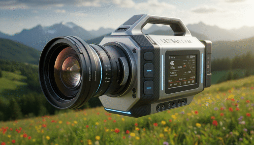 A high-quality, detailed 4K camera with a modern design, showcasing its features prominently in the foreground. The camera is positioned at a slight angle to highlight its lens and buttons, reflecting light to emphasize its sleek finish. The middle ground features a soft-focus backdrop of a scenic outdoor landscape, demonstrating dynamic range with vibrant colors in a sunny environment. The background includes hints of greenery and distant mountains, suggesting an immersive filming location. The lighting is bright yet soft, creating a professional atmosphere. The overall mood conveys innovation and performance, suitable for modern videography, with no people or text in the scene. A high-quality, detailed 4K camera with a modern design, showcasing its features prominently in the foreground. The camera is positioned at a slight angle to highlight its lens and buttons, reflecting light to emphasize its sleek finish. The middle ground features a soft-focus backdrop of a scenic outdoor landscape, demonstrating dynamic range with vibrant colors in a sunny environment. The background includes hints of greenery and distant mountains, suggesting an immersive filming location. The lighting is bright yet soft, creating a professional atmosphere. The overall mood conveys innovation and performance, suitable for modern videography, with no people or text in the scene.