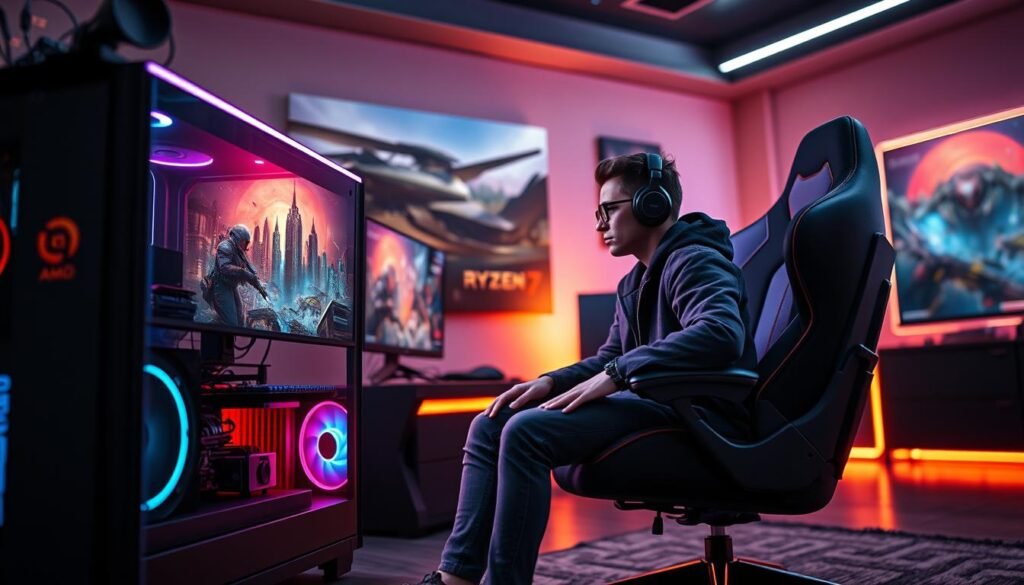 A high-resolution 4K gaming scene showcasing a powerful gaming setup centered around the AMD Ryzen 7 5800X3D CPU. In the foreground, a sleek gaming desktop with a luminous RGB-lit case, high-performance GPU, and dual monitor setup displaying vibrant game graphics, emphasizing a futuristic cityscape and intricate details. The middle ground features a high-tech gaming chair occupied by a focused gamer in a stylish, modest casual outfit, wearing headphones and immersed in gameplay. The background is filled with soft ambient lighting, highlighting the intricate details of the room, such as wall-mounted game art and LED strip lights, creating an engaging atmosphere. The image is sharp, with a dynamic perspective, capturing the essence of cutting-edge gaming in 2025.