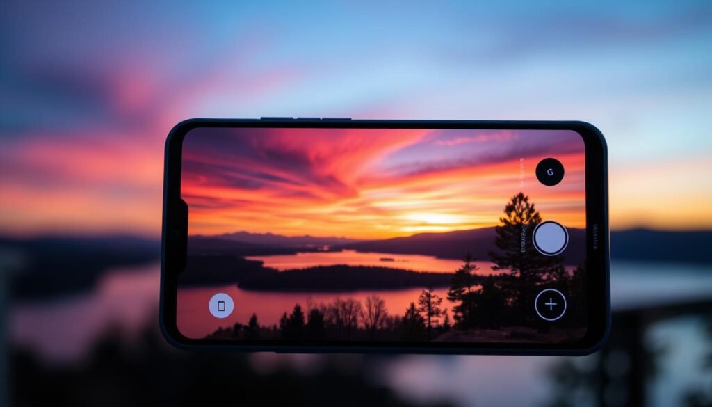 A high-resolution smartphone displaying a stunning landscape photograph taken with advanced camera technology. In the foreground, the smartphone's sleek design is highlighted, showcasing its camera lens and display. The middle ground features a vibrant sunset over a picturesque horizon, with rich, warm colors like orange, pink, and purple reflecting off a calm lake. In the background, softly blurred trees and distant mountains create depth, with a hint of twinkling stars beginning to appear in the deepening twilight sky. The scene is illuminated with soft, ambient lighting, suggesting a peaceful evening atmosphere. Capture the essence of modern smartphone photography that emphasizes clarity, vibrant color, and low noise.