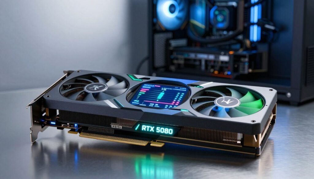 A high-tech close-up of a graphics card, focusing on its intricate cooling system and efficiency metrics. The foreground features a glowing RTX 5080 logo, with the heat sink and fans illuminated by soft blue and green lights, suggesting optimal performance. In the middle, display temperature readings and performance benchmarks highlighted on a sleek digital screen. The background showcases a modern workstation, with a soft-focused gaming setup, subtly illuminated to enhance the high-tech ambiance. The scene is captured with a shallow depth of field, emphasizing the graphics card against a sleek metallic backdrop. The atmosphere is both dynamic and professional, conveying innovation in hardware technology.