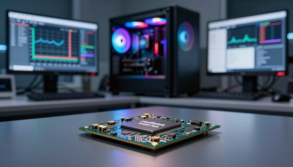 A high-tech gaming benchmark display featuring the Mediatek Dimensity 9400 Plus chipset in a laboratory setting. In the foreground, a detailed close-up of the chipset on a sleek, reflective surface, showcasing its intricate circuitry and branding. In the middle ground, a powerful gaming PC with RGB lighting and advanced cooling systems, illustrating performance under high temperatures. In the background, laboratory equipment like monitors and graphs displaying benchmark data, emphasizing the testing environment. Soft, focused lighting highlights the chipset and PC, while a slight blur in the background adds depth. The atmosphere is polished and professional, suitable for showcasing cutting-edge technology and performance evaluation. A high-tech gaming benchmark display featuring the Mediatek Dimensity 9400 Plus chipset in a laboratory setting. In the foreground, a detailed close-up of the chipset on a sleek, reflective surface, showcasing its intricate circuitry and branding. In the middle ground, a powerful gaming PC with RGB lighting and advanced cooling systems, illustrating performance under high temperatures. In the background, laboratory equipment like monitors and graphs displaying benchmark data, emphasizing the testing environment. Soft, focused lighting highlights the chipset and PC, while a slight blur in the background adds depth. The atmosphere is polished and professional, suitable for showcasing cutting-edge technology and performance evaluation.