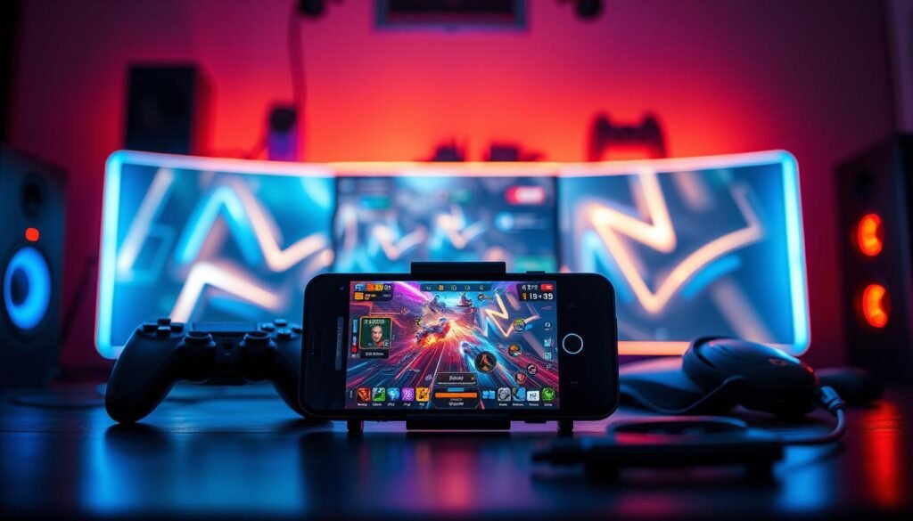 A high-tech gaming setup featuring a sleek gaming smartphone with 24GB of RAM displayed prominently in the foreground, showcasing a vibrant and dynamic gaming interface on its screen. In the middle, include details like a gaming controller and a pair of high-quality headphones. The background features an illuminated gaming desk with ambient LED lights casting a cool blue glow, creating a high-energy gaming environment. Use dynamic lighting to highlight the smartphone, emphasizing its modern design and performance capabilities. The mood should be intense yet focused, reflecting the excitement of gaming while conveying the message of overcoming lag issues. Capture the scene from a slightly elevated angle, emphasizing depth and showcasing the entire setup, but ensure all elements are distinctly portrayed without overcrowding.