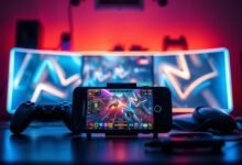 A high-tech gaming setup featuring a sleek gaming smartphone with 24GB of RAM displayed prominently in the foreground, showcasing a vibrant and dynamic gaming interface on its screen. In the middle, include details like a gaming controller and a pair of high-quality headphones. The background features an illuminated gaming desk with ambient LED lights casting a cool blue glow, creating a high-energy gaming environment. Use dynamic lighting to highlight the smartphone, emphasizing its modern design and performance capabilities. The mood should be intense yet focused, reflecting the excitement of gaming while conveying the message of overcoming lag issues. Capture the scene from a slightly elevated angle, emphasizing depth and showcasing the entire setup, but ensure all elements are distinctly portrayed without overcrowding.