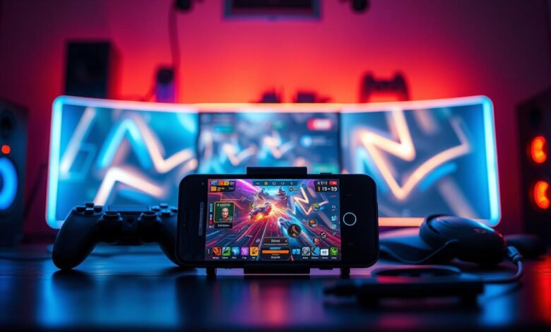 A high-tech gaming setup featuring a sleek gaming smartphone with 24GB of RAM displayed prominently in the foreground, showcasing a vibrant and dynamic gaming interface on its screen. In the middle, include details like a gaming controller and a pair of high-quality headphones. The background features an illuminated gaming desk with ambient LED lights casting a cool blue glow, creating a high-energy gaming environment. Use dynamic lighting to highlight the smartphone, emphasizing its modern design and performance capabilities. The mood should be intense yet focused, reflecting the excitement of gaming while conveying the message of overcoming lag issues. Capture the scene from a slightly elevated angle, emphasizing depth and showcasing the entire setup, but ensure all elements are distinctly portrayed without overcrowding.