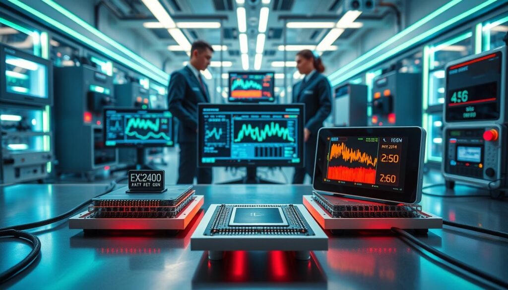 A high-tech laboratory scene showcasing a thermal stress testing setup for smartphone chipsets. In the foreground, a sleek Exynos 2400 and Snapdragon 8 Gen 3 chipset mounted on cooling plates, surrounded by high-precision measuring instruments. The middle ground features engineers in professional attire focused on monitoring data on multiple screens displaying battery capacity graphs and thermal readings. In the background, a futuristic lab filled with LED-lit equipment, creating a high-energy atmosphere. Soft blue and green lighting emphasizes technology and innovation. A wide-angle shot captures the entire scene to convey a sense of advanced research. No text or watermarks present.