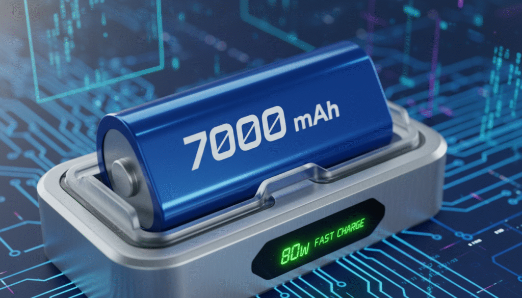 A high-tech lithium-ion battery labeled "7000 mAh" prominently displayed in a sleek, modern design. The foreground features the battery with a glossy finish, reflecting soft ambient light, showcasing its power capacity label in an elegant font. In the middle ground, a futuristic charging dock is visible, indicating 80W fast charging capabilities, with a subtle green LED glow for indication. The background fades into a blurred technology-themed environment, hinting at innovation, with circuit patterns or digital motifs. The atmosphere is dynamic and engaging, emphasizing durability and speed, with a clean, professional look, shot with a shallow depth of field to focus on the battery and charger. The lighting is bright yet soft, creating a welcoming and impressive scene.