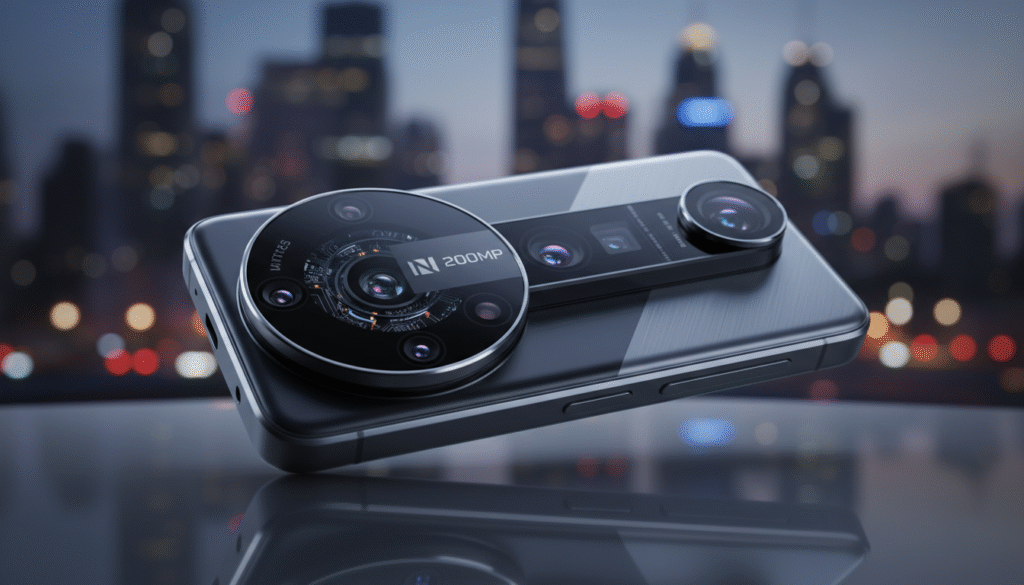 A high-tech smartphone camera, prominently displaying its sleek design and advanced features. Focus on a 200MP lens system, featuring intricate details such as multi-layered sensors and advanced optics. The foreground showcases the camera module with a soft, reflective surface that highlights its premium finish. In the middle ground, include a blurred but vibrant background of urban landscape, illustrating the device's capabilities in real-world scenarios. Use soft, diffused lighting to create a modern atmosphere, with the camera's lens catching glimmers of light. The angle should be slightly tilted for a dynamic perspective, inviting viewers to appreciate the craftsmanship and technology behind the camera. The overall mood should be innovative, emphasizing the camera's detail-focused design suitable for photography enthusiasts. A high-tech smartphone camera, prominently displaying its sleek design and advanced features. Focus on a 200MP lens system, featuring intricate details such as multi-layered sensors and advanced optics. The foreground showcases the camera module with a soft, reflective surface that highlights its premium finish. In the middle ground, include a blurred but vibrant background of urban landscape, illustrating the device's capabilities in real-world scenarios. Use soft, diffused lighting to create a modern atmosphere, with the camera's lens catching glimmers of light. The angle should be slightly tilted for a dynamic perspective, inviting viewers to appreciate the craftsmanship and technology behind the camera. The overall mood should be innovative, emphasizing the camera's detail-focused design suitable for photography enthusiasts.