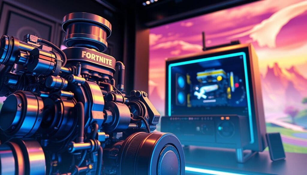 A highly detailed 3D rendering of an engine, prominently showcased in the foreground, with intricate mechanical components such as gears, pistons, and wires visible. The middle ground features a sleek, futuristic computer setup, glowing softly under RGB lighting, emphasizing the high-tech atmosphere. The background depicts a vivid virtual landscape from Fortnite Chapter 5, infused with bright colors and fantastical elements that capture the game's aesthetic. Soft ambient lighting enhances the scene, casting subtle shadows and reflections. The angle is slightly elevated, giving an immersive perspective that draws the viewer into the blend of gaming and engineering. The mood is dynamic and engaging, reflecting innovation and excitement in technology.