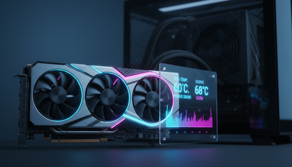 A highly detailed and powerful GPU with an intricate cooling system and glowing LED lights, prominently displayed in the foreground. The GPU showcases its sleek design, emphasizing metal and plastic textures, and intricate circuit patterns. In the middle ground, a digital interface graphically represents thermal readings and power consumption metrics, with bright colors and sleek fonts, giving a sense of high-tech efficiency. In the background, a softly blurred gaming rig setup displays shadowy contours of a massive PSU, subtly implying power needs. The overall lighting is dramatic, with a cool blue hue highlighting the technology, creating an atmosphere of advanced engineering and performance. The image conveys a sense of speed and power, reflecting the competitive landscape of GPU technology.