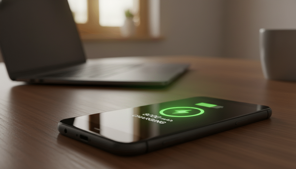 A highly detailed close-up image showcasing a smartphone battery charging with an emphasis on its mAh capacity. In the foreground, a modern smartphone displays its battery icon prominently, glowing with a vibrant green color to signify charging. The middle ground features a sleek, contemporary laptop in shadows, hinting at daily usage. The background is softly blurred, depicting a minimalist workspace, with warm ambient lighting to create a cozy atmosphere. A gentle glow from the battery icon reflects a sense of reliability and endurance, conveying the theme of battery life and daily consumption. The composition should focus on clarity, with rich textures and a balanced focus that highlights the resilience and sustainability of modern devices. A highly detailed close-up image showcasing a smartphone battery charging with an emphasis on its mAh capacity. In the foreground, a modern smartphone displays its battery icon prominently, glowing with a vibrant green color to signify charging. The middle ground features a sleek, contemporary laptop in shadows, hinting at daily usage. The background is softly blurred, depicting a minimalist workspace, with warm ambient lighting to create a cozy atmosphere. A gentle glow from the battery icon reflects a sense of reliability and endurance, conveying the theme of battery life and daily consumption. The composition should focus on clarity, with rich textures and a balanced focus that highlights the resilience and sustainability of modern devices.