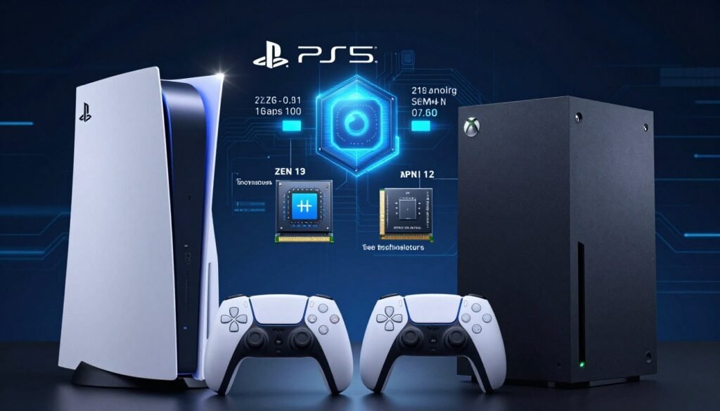 A highly detailed comparison image showcasing the performance of the PS5 and Xbox Series X, highlighting the architectural similarities and differences around the Zen 2 architecture. In the foreground, feature the PS5 and Xbox Series X consoles side by side, with their sleek designs contrasted against each other. The middle ground should include visual representations of their key technical specifications, such as processing power and memory, displayed as glowing diagrams. In the background, create a tech-inspired environment with circuit patterns and digital elements to enhance the gaming theme. Use soft, dramatic lighting to emphasize the consoles, with a slight lens flare effect. The atmosphere should feel futuristic and dynamic, reflecting the cutting-edge technology of gaming consoles, with a color palette of blues and blacks.