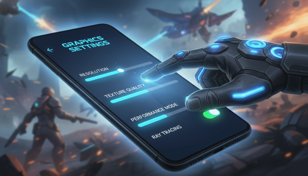 A highly detailed digital illustration depicting a game settings interface on a sleek mobile device. In the foreground, the mobile screen shows vibrant graphics options, including sliders for resolution, texture quality, and frame rate. The middle ground features a hand navigating the interface, showcasing a modern gaming aesthetic. The background is a blurred, dynamic gaming environment, filled with high-action scenes, highlighting the concept of performance mode and graphics settings. Use dramatic lighting that emphasizes the screen's illumination, creating a focus on the mobile device. The overall mood is energetic and tech-savvy, capturing the essence of optimizing mobile gaming performance effectively.