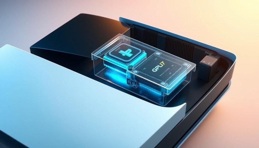 A highly detailed technical illustration of the PlayStation 5 Pro console, showcasing its powerful GPU with 33 Teraflops capability. In the foreground, emphasize the sleek, modern design of the console, with metallic textures and smooth lines reflecting advanced technology. In the middle, include a transparent cutaway view revealing the intricate components of the GPU, highlighting the ray tracing capabilities and cooling system in vibrant detail. The background features a soft, gradient lighting that subtly illuminates the console, suggesting a futuristic atmosphere. Use a high-angle perspective for a dynamic view, capturing the essence of cutting-edge gaming performance. The scene should evoke a sense of innovation and strength, suitable for a technical review.