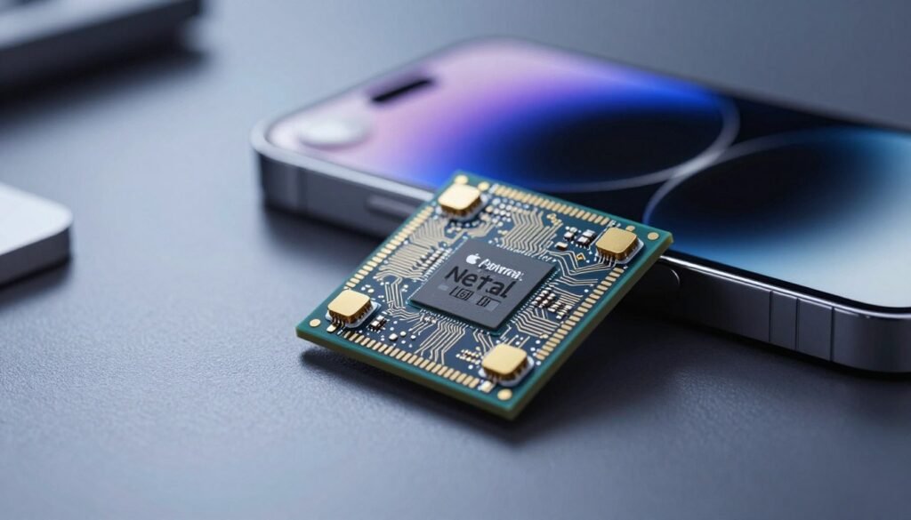 A highly detailed view of an Apple Neural Engine chip, positioned prominently in the foreground, showcasing its intricate circuitry and gold accents. The chip should be depicted from a slightly elevated angle to highlight its textures and components. In the middle ground, blurred outlines of an iPhone 14 series device, emphasizing the seamless integration of the technology. The background features a subtle, softly lit tech workspace, with faint reflections and shadows to create depth and focus on the chip. The overall atmosphere should evoke a sense of advanced technology and innovation, with cool tones of blue and silver, enhanced by a gentle spotlight that draws attention to the Neural Engine chip. No text or branding should be visible. A highly detailed view of an Apple Neural Engine chip, positioned prominently in the foreground, showcasing its intricate circuitry and gold accents. The chip should be depicted from a slightly elevated angle to highlight its textures and components. In the middle ground, blurred outlines of an iPhone 14 series device, emphasizing the seamless integration of the technology. The background features a subtle, softly lit tech workspace, with faint reflections and shadows to create depth and focus on the chip. The overall atmosphere should evoke a sense of advanced technology and innovation, with cool tones of blue and silver, enhanced by a gentle spotlight that draws attention to the Neural Engine chip. No text or branding should be visible.