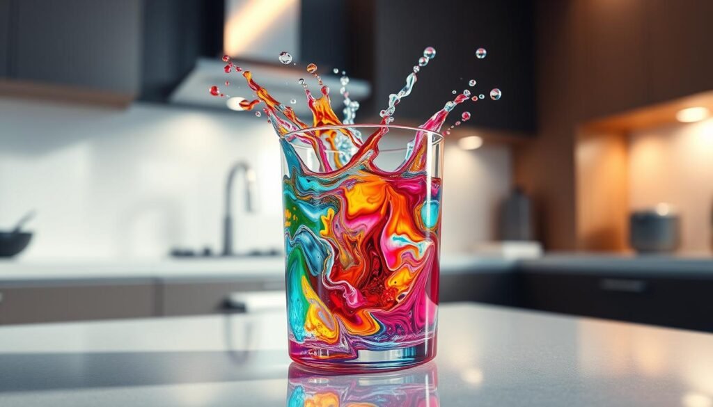 A highly realistic simulation of liquid dynamics created in Blender 4.1, showcasing a vibrant, swirling mixture of water and colored dye in a glass container. In the foreground, focus on the intricate details of the liquid's surface, with dynamic splashes and reflections reflecting the light source. The middle-ground features the glass container, slightly fogged, enhancing the realism with light refractions. The background should be a softly blurred kitchen setting, emphasizing the modern and clean look of a digital workspace, with soft, natural lighting enhancing the liquid’s vivid colors. The atmosphere is engaging and energetic, capturing the essence of advanced liquid simulation technology. The image must be free of text or other overlays, showcasing only the stunning visual of fluid dynamics artistry. A highly realistic simulation of liquid dynamics created in Blender 4.1, showcasing a vibrant, swirling mixture of water and colored dye in a glass container. In the foreground, focus on the intricate details of the liquid's surface, with dynamic splashes and reflections reflecting the light source. The middle-ground features the glass container, slightly fogged, enhancing the realism with light refractions. The background should be a softly blurred kitchen setting, emphasizing the modern and clean look of a digital workspace, with soft, natural lighting enhancing the liquid’s vivid colors. The atmosphere is engaging and energetic, capturing the essence of advanced liquid simulation technology. The image must be free of text or other overlays, showcasing only the stunning visual of fluid dynamics artistry.