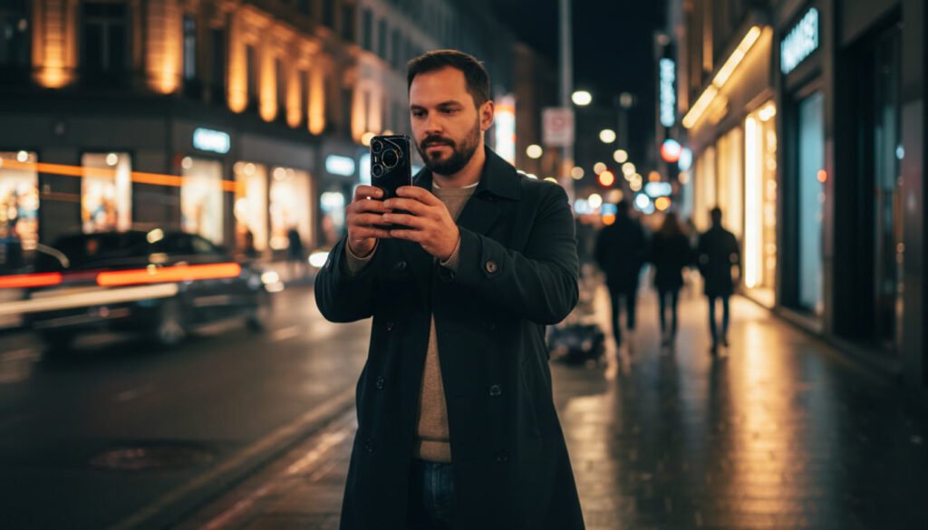 A low-light urban scene capturing a professional photographer in action, standing on a bustling street at night. The foreground features the photographer holding a HUAWEI Pura 80 Ultra camera, dressed in smart casual attire, focused on composing a shot. In the middle ground, illuminated storefronts and vibrant city lights create a warm ambiance, showcasing the camera's capability to capture rich colors and details in dim lighting. The background includes blurred silhouettes of people passing by, enhancing the sense of depth and liveliness. The overall mood is dynamic and engaging, highlighting the transformative potential of the camera in low-light environments. The image is well-composed with a shallow depth of field, emphasizing the subject while artistically blurring the background.