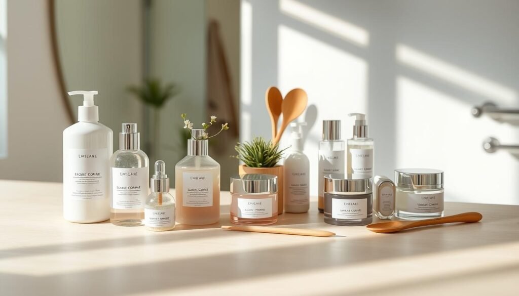 A minimalistic skincare brand display featuring elegant, luxurious packaging arranged artfully on a smooth, light-colored wooden countertop. The foreground includes a series of beautifully designed skincare bottles and jars with simple yet sophisticated labels, showcasing soft pastel colors like gentle pinks and whites. The middle ground displays delicate accessories such as a small, lush green potted plant and trendy wooden utensils complementing the products. The background is softly blurred, hinting at a serene bathroom setting with natural light streaming in, casting gentle shadows on the surface. The overall mood is peaceful and refined, embodying a modern local skincare aesthetic that emphasizes sustainability and timeless beauty. The scene is captured with a wide-angle lens to create depth, ensuring a clear focus on the luxurious yet minimalistic skincare selections.