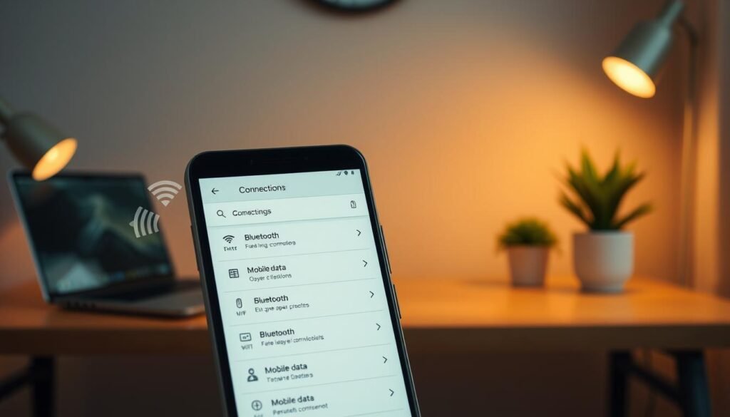 A modern Android smartphone displayed prominently in the foreground, showcasing a detailed settings menu highlighting connectivity options like Wi-Fi, Bluetooth, and mobile data, illuminated by a soft, warm light. The background features a cozy home environment, with a stylish desk setup that includes a laptop and a plant, enhancing a calm and productive atmosphere. In the middle space, subtle graphics illustrating connectivity symbols (like waves and bars) blend seamlessly, suggesting efficient management. The scene is shot from a slight angle, emphasizing depth and inviting the viewer to explore the connection settings. The mood is bright, hopeful, and tech-savvy, suggesting that smart choices can lead to better battery life and efficiency.