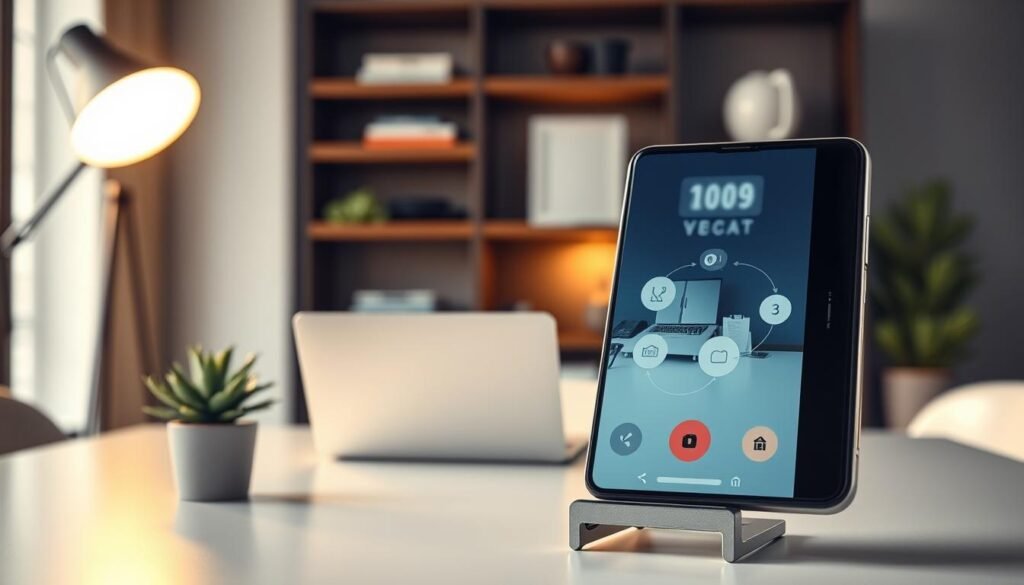 A modern Android smartphone displaying a high-quality webcam mode on its screen, set against a sleek, minimalistic home office background. The foreground showcases the phone propped on a stylish stand, with crisp details of the camera interface visible. In the middle, there's a neatly arranged desk with a laptop and a potted plant, evoking a professional atmosphere. The background features soft-focus shelves with technology books and a warm light source, creating an inviting ambience. The lighting is bright yet soft, emphasizing the sharpness of the webcam display. The overall mood is tech-savvy and professional, ideal for video calls, reflecting the theme of high-quality connectivity and innovation.