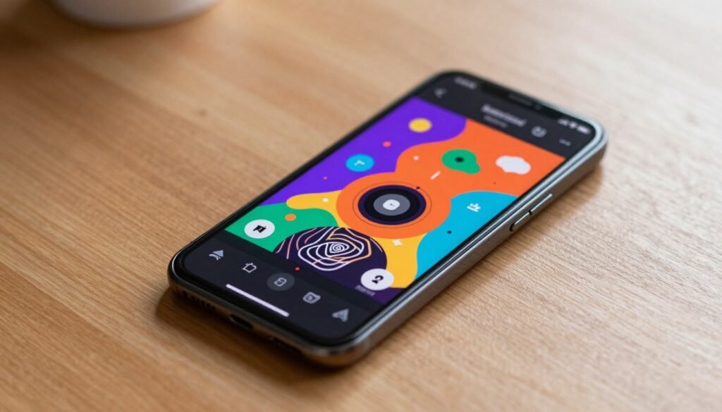 A modern Android smartphone displaying a screenshot on its screen, set against a sleek wooden desk background. The screenshot captures a vibrant mobile app interface with rich colors and intricate designs, emphasizing the editing tools available post-capture. The phone's screen shows tools like cropping and drawing features, rendered in a realistic touch. Soft natural lighting illuminates the scene, creating a warm and inviting atmosphere. The camera angle is slightly above the phone, focusing closely on the screen to highlight the editing features. The background remains blurred to keep attention on the phone and its vivid display. The overall mood is tech-savvy and creative, showcasing instant editing capabilities in a professional context.