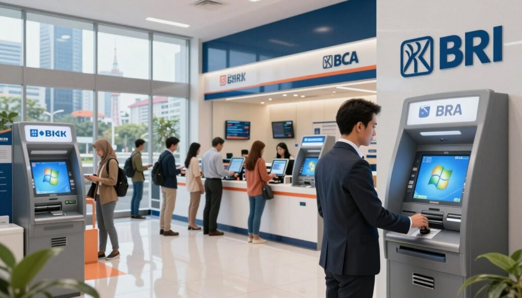 A modern banking environment showcasing various Indonesian bank branches like BRI and BCA, featuring sleek, contemporary architecture. In the foreground, a professional-looking banker in business attire interacts with an advanced ATM displaying a Windows XP interface. The middle ground captures customers of diverse backgrounds engaging with financial services at different bank stations, emphasizing a busy yet orderly atmosphere. The background features a bustling cityscape with recognizable Indonesian landmarks. Soft, natural lighting filters through large glass windows, creating a crisp, inviting feel. The mood is dynamic and professional, reflecting innovation within the traditional banking sector in Indonesia.